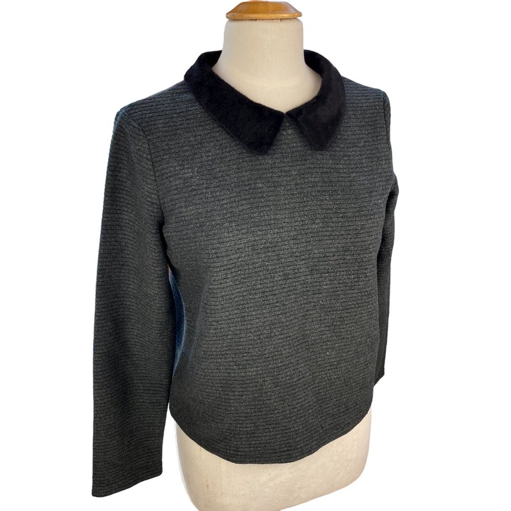French Style Retro Faux Fur Peter Pan Collar Preppy Textured Knit Top Academia-L